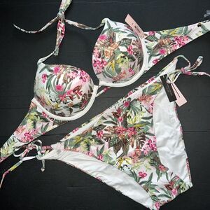 Victoria's Secret 38DD BOMBSHELL BIKINI XXL bottom WHITE GREEN PALM PINK ORCHID